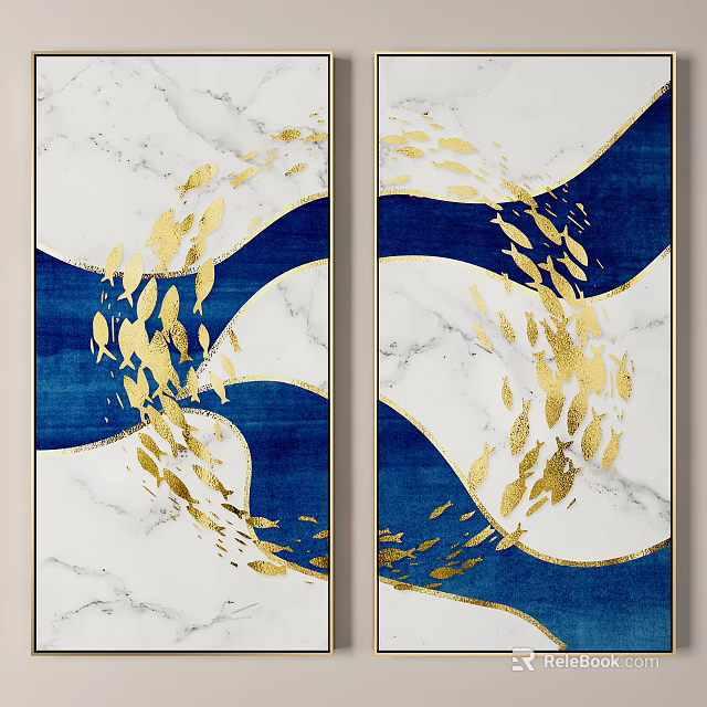 Abstract Painting Two Panel with Golden Fish Wavy Patterns on Blue White Marble Background 3d model
