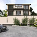 Modern Two Story Detached Villa Exterior With Large Windows Courtyard And Greenery