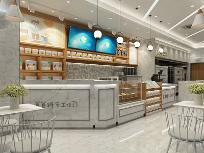 Dessert Shop Interior With Marble Counter Display Shelves And Hanging Lights 3d model