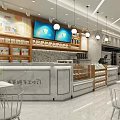 Dessert Shop Interior With Marble Counter Display Shelves And Hanging Lights