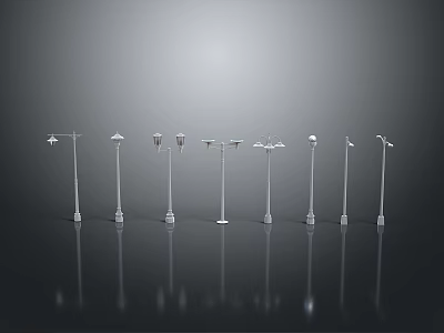 Various Modern Street Lamp Designs With Reflective Bases On Dark Background 3d model