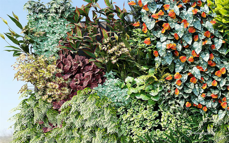 Living Plant Wall Featuring Diverse Green Foliage Orange Flowers And Vibrant Leaves 3d model 