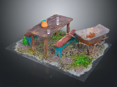 Outdoor Wooden Table With Clay Vase Glass Cups Red Bench And Rusty Wheelbarrow On Grass 3d model