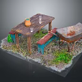Outdoor Wooden Table With Clay Vase Glass Cups Red Bench And Rusty Wheelbarrow On Grass