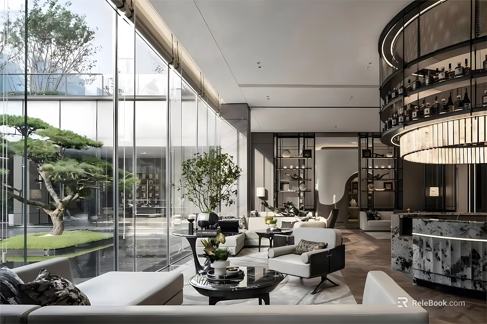 Elegant Modern Sales Office Interior With Glass Curtain Wall Greenery And Marble Bar 3d model 
