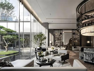 Elegant Modern Sales Office Interior With Glass Curtain Wall Greenery And Marble Bar 3d model
