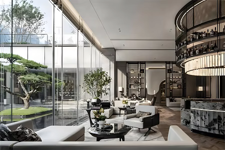 Modern sales office negotiation area lounge area sofa coffee table combination bar chandelier floor-to-ceiling window 3d model
