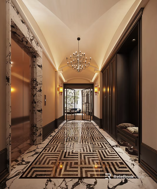Luxurious Elevator Hallway With Chandelier Marble Walls Patterned Flooring And Wall Sconces 3d model