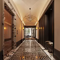 Luxurious Elevator Hallway With Chandelier Marble Walls Patterned Flooring And Wall Sconces 3d model