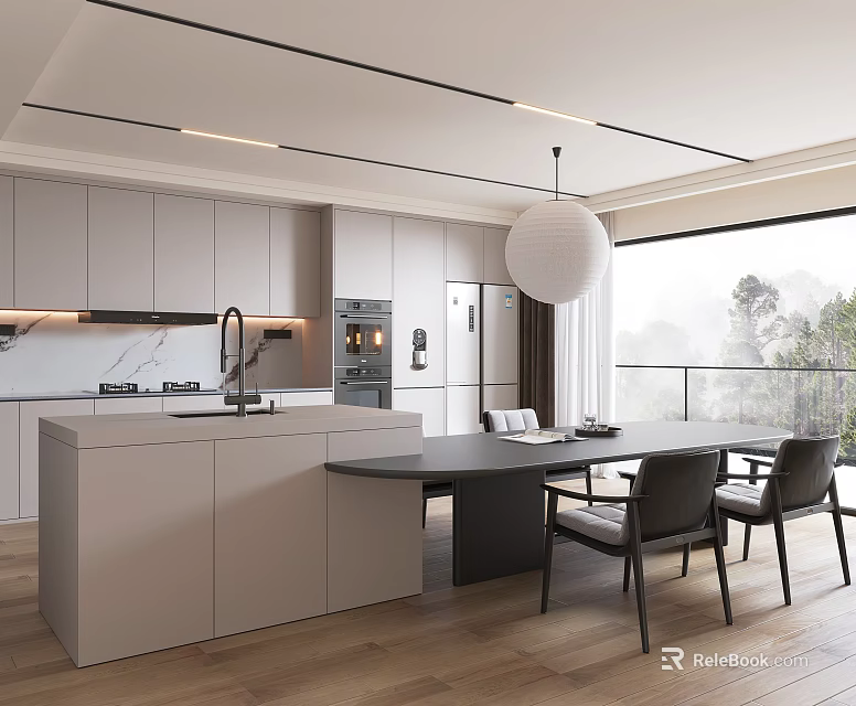 Modern Kitchen Interior With Island Counter Cabinets Dining Table And Natural Light 3d model 