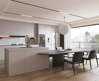 Modern Kitchen Interior With Island Counter Cabinets Dining Table And Natural Light 3d model