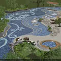 Garden Landscape With Blue Mosaic Pool Curved Pathway Stone Decorations And Greenery