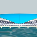 Modern Bridge With Blue Curved Roof And Grid Structure Over Water Green Grass Sky