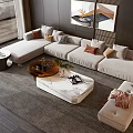 Modern L Shaped Sofa with Decorative Pillows and Marble Coffee Table Set