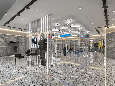 Modern Clothing Store Interior With Marble Floor And Metal Racks Displaying Fashion Apparel 3d model