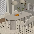White Oval Desk With Chairs Fruit Vase Framed Pictures And Pendant Lights On Patterned Rug