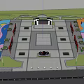 Public Plaza With Central Red Decorative Element Surrounding Red Structures Paved Ground And Lush Greenery