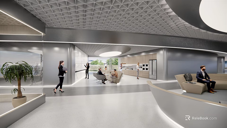 Modern Office Break Room Interior Design With Sofas Tables And Circular Ceiling Light 3d model