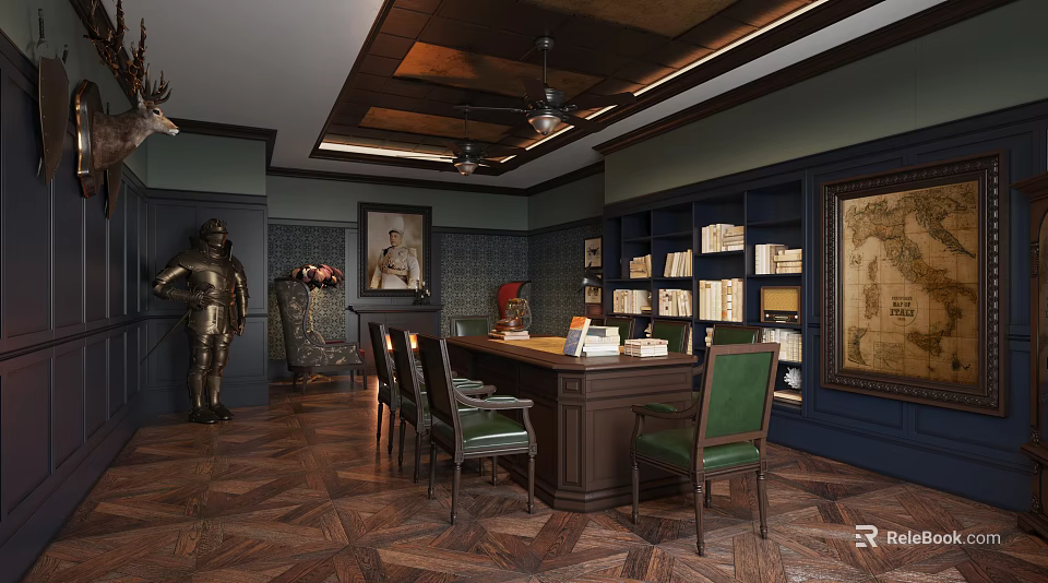 Classic Study Room With Wooden Desk Green Chairs Bookshelves Armor And Vintage Map 3d model 
