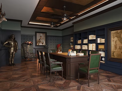 Classic Study Room With Wooden Desk Green Chairs Bookshelves Armor And Vintage Map 3d model
