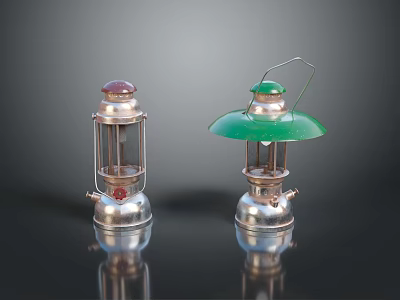 Vintage Kerosene Lamps With Red Top Green Shade And Metallic Structure On Black Reflective Surface 3d model
