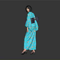Woman In Blue Kimono With Floral Patterns Red Obi Short Black Hair High Heels