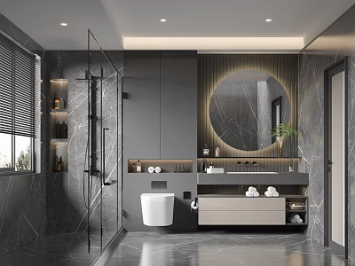 Modern Bathroom Interior Design With Gray Marble Walls Round Mirror Shower Vanity And Toilet 3d model