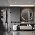Modern Bathroom Interior Design With Gray Marble Walls Round Mirror Shower Vanity And Toilet