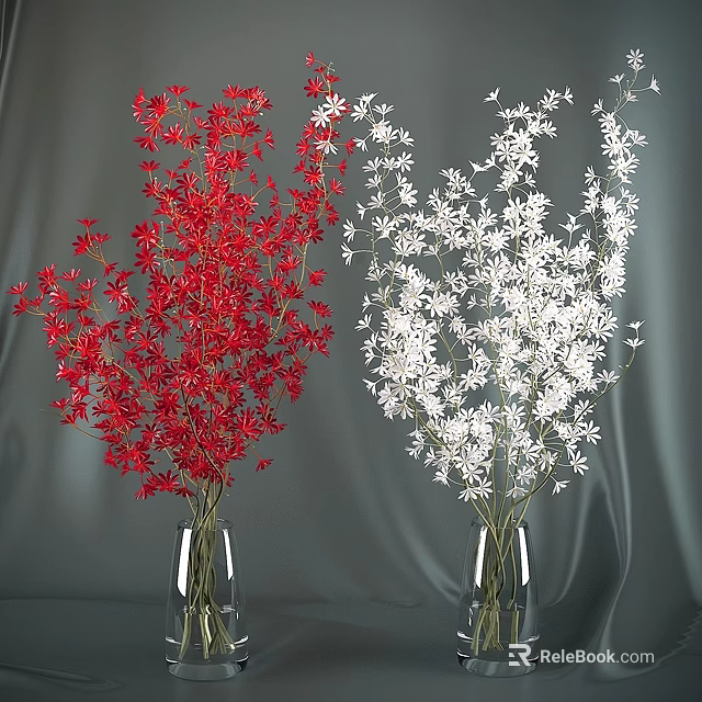 Red and White Decorative Flowers in Glass Vases on Gray Background 3d model 
