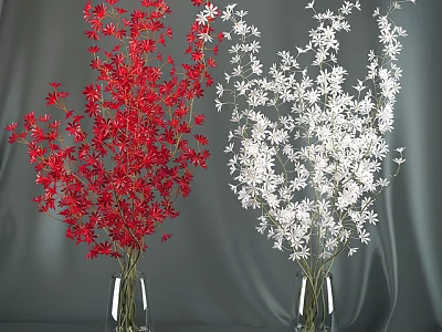 Red and White Decorative Flowers in Glass Vases on Gray Background 3d model