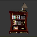 Red Wooden Bookshelf Interior With Stacked Books CDs And Table Lamp On Top