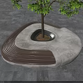 Modern Garden Landscape Design with Curved Wooden Bench Concrete Structure and Central Tree