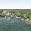 Tranquil Rock and Wood Garden Pond with Lotus Leaves and Tall Grass