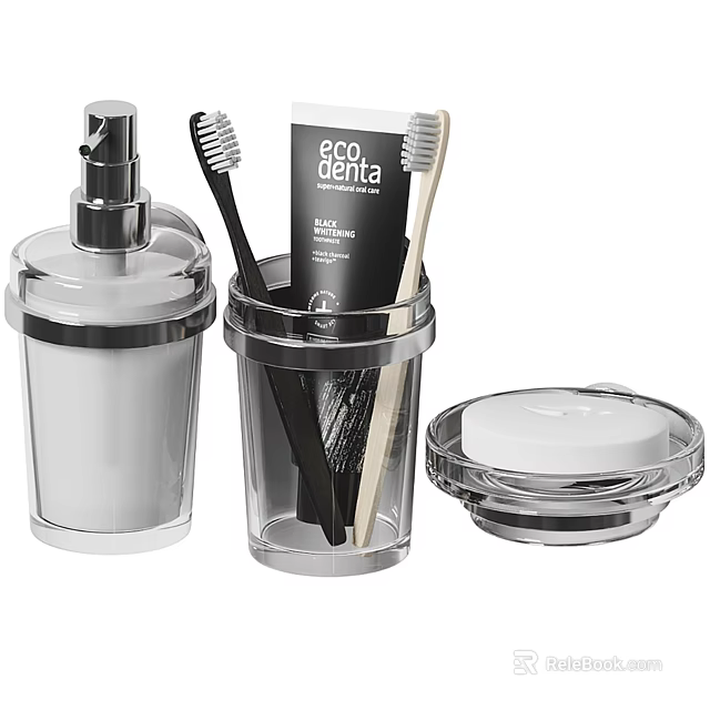Modern Bathroom Accessories Set With Clear Dispenser Toothbrushes And Soap Dish 3d model 