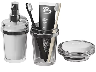 Modern Bathroom Accessories Set With Clear Dispenser Toothbrushes And Soap Dish 3d model
