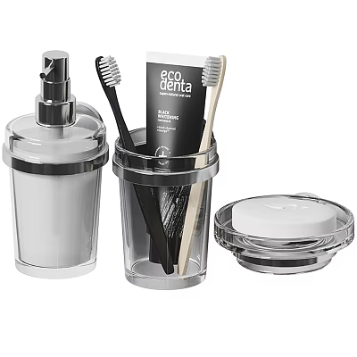 Modern Bathroom Accessories Set With Clear Dispenser Toothbrushes And Soap Dish 3d model