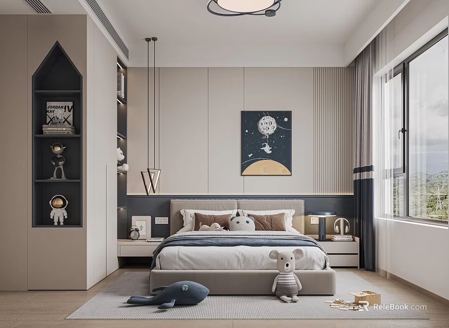 Modern Kids Room Interior With Bed Astronaut Doll Moon Stars Art And Gray Blue Tones 3d model 