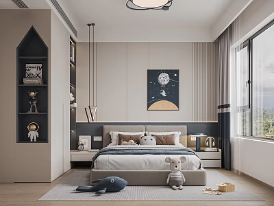 Modern Kids Room Interior With Bed Astronaut Doll Moon Stars Art And Gray Blue Tones 3d model