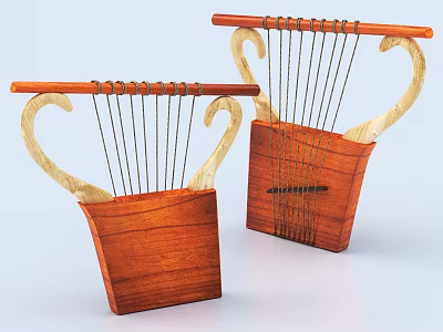 Two Handcrafted Wooden Lyre Musical Instruments With Curved Handles And Strings Designs 3d model