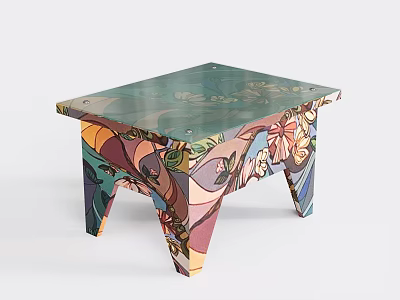 Colorful Kids Table With Transparent Glass Top And Floral Patterned Legs 3d model