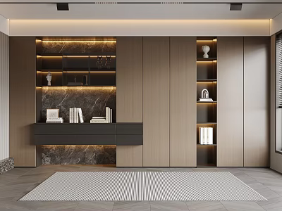 Modern Light Wood Bookcase In Minimalist Interior With Built-in Lighting Decorative Vases And Arranged Books 3d model