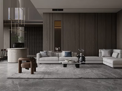Modern Living Dining Room Interior With Sectional Sofa Wooden Panel Walls Modern Chandelier And Area Rug 3d model