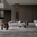 Modern Living Dining Room Interior With Sectional Sofa Wooden Panel Walls Modern Chandelier And Area Rug