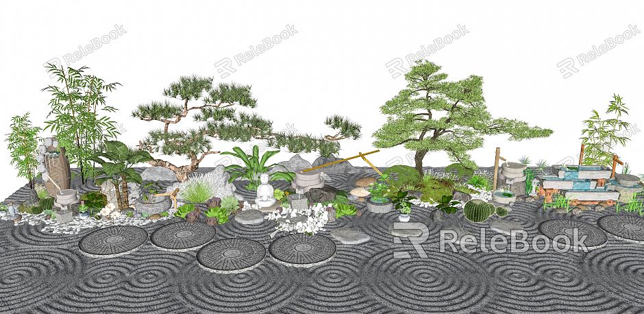 New Chinese Landscape Sick Courtyard Landscape Sick Courtyard Plant Modeling Pine Luo Han Pine Waterscape Wash Bowl model