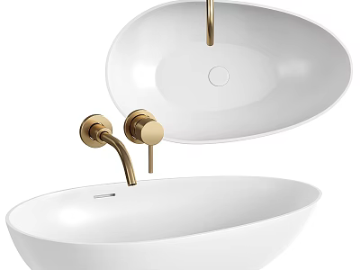 Modern White Ceramic Vessel Washbasin With Gold Faucet And Sleek Design 3d model