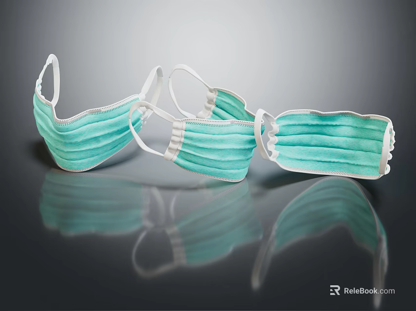 Three Green Disposable Face Masks Lying On Black Reflective Surface 3d model 