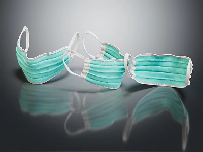 Three Green Disposable Face Masks Lying On Black Reflective Surface 3d model