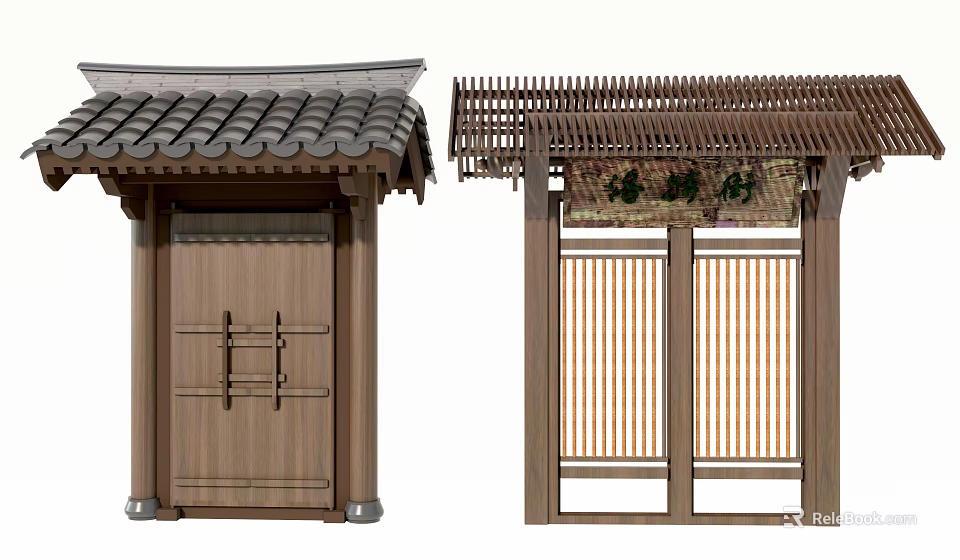Traditional Chinese Gate Design With Wooden Structure Tile Roof And Bamboo Curtain 3d model 