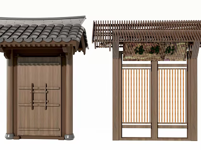 Traditional Chinese Gate Design With Wooden Structure Tile Roof And Bamboo Curtain 3d model