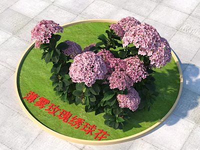 Mist Rose Hydrangea Flowers On Circular Green Base With Blooming Petals And Lush Leaves 3d model